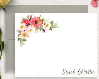 Floral Personalized Stationery, Simple Script Stationary, Pink Corner Flowers Note Cards, Stationery Set, Thank You Cards, FLAT, FL25