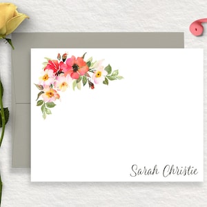Floral Personalized Stationery, Simple Script Stationary, Pink Corner Flowers Note Cards, Stationery Set, Thank You Cards, FLAT, FL25