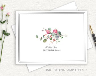Rose And Eucalyptus Bouquet Personalized Stationery, Thank You Cards, Pink Coral Floral Note Cards, Elegant Classic, A Note From, Folded