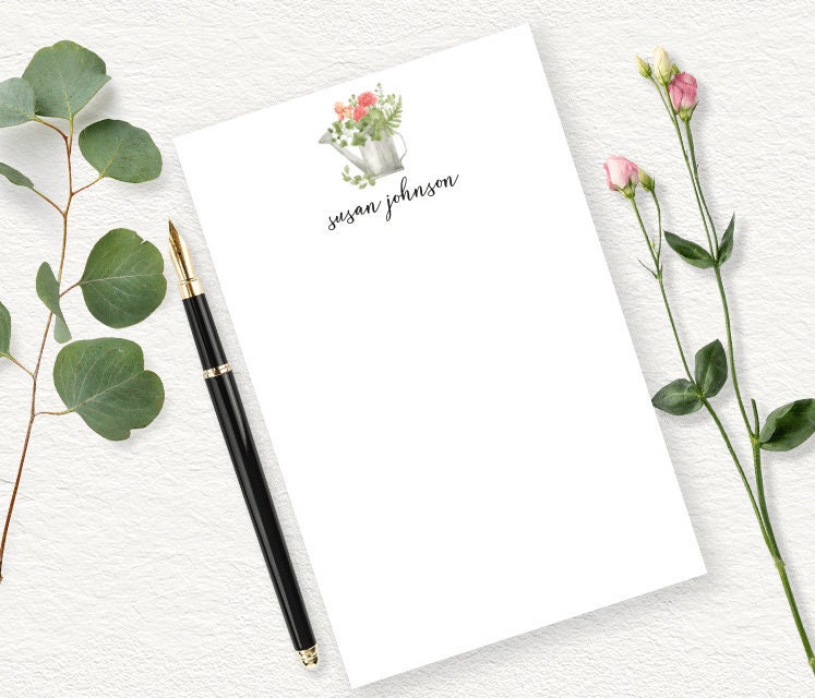 Floral Personalized Notepad, Pink Hydrangea in Watering Can, Summer ...