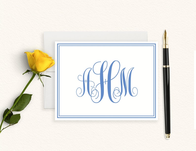 Border Thank You Note Cards Folded Classic Monogram Personalized