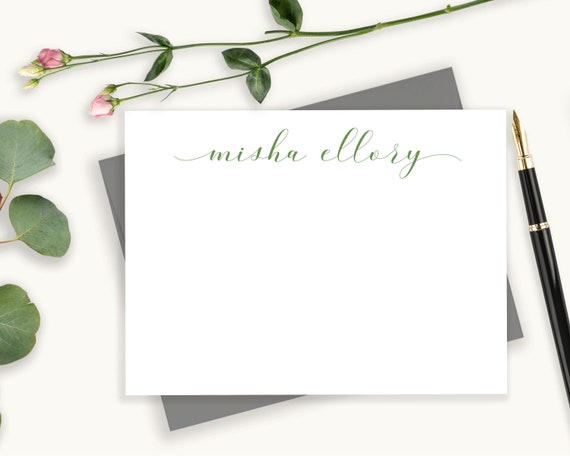 Personalized Script Floral Greenery Stationery Cards Set, Flat