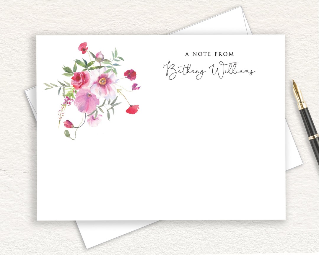 Personalized Floral Stationery With Whimsical Pink Rose and Poppy Theme ...