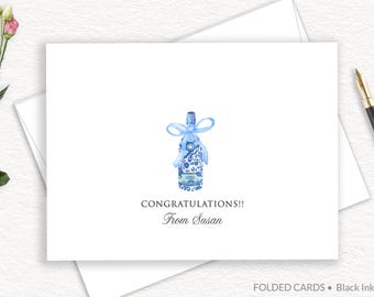 Personalized Congratulations Stationery With Champagne Bottle, Celebration Gift Enclosure Note Cards, Folded