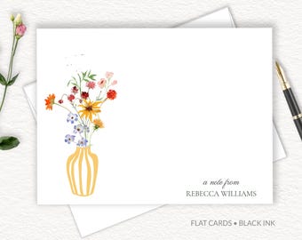 Whimsical Colorful Wildflowers In A Farmhouse Blue Stripe Vase, Classic Feminine Personalized Flat Note Cards