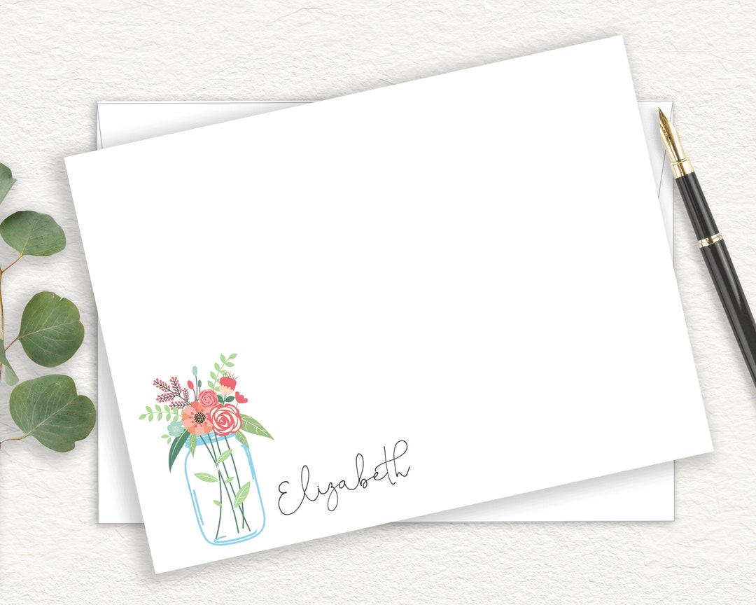 Personalized Mason Jar Stationery, Boho Thank You Note Cards