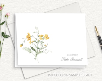 Yellow Wildflower Personalized Stationery, Classic and Elegant Custom Floral Thank You Note Cards, Daffodils, FOLDED