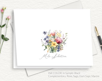Wildflowers Personalized Stationary, Elegant Script Note Cards, Spring Floral Design Stationery, Feminine Thank You Cards, Folded, FL42