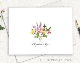 Poppy Personalized Stationery, Elegant Floral Thank You Note Cards, Pink Yellow Poppies, Classic Script Stationary, FOLDED