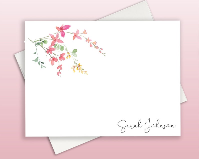 Floral Watercolor Wildflowers Personalized Stationary, Gardening Note Cards, Simple Modern Thank You Cards With Flowers, Calligraphy, FLAT imagem 1