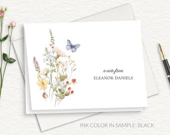 Wildflower Personalized Stationery, Classic and Elegant Custom Floral Thank You Note Cards, With Strawberries, Ladybug, Butterfly, Folded