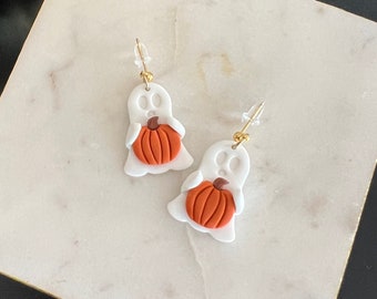 Ghost with Pumpkin Earrings - Halloween Earrings - Clay Earrings