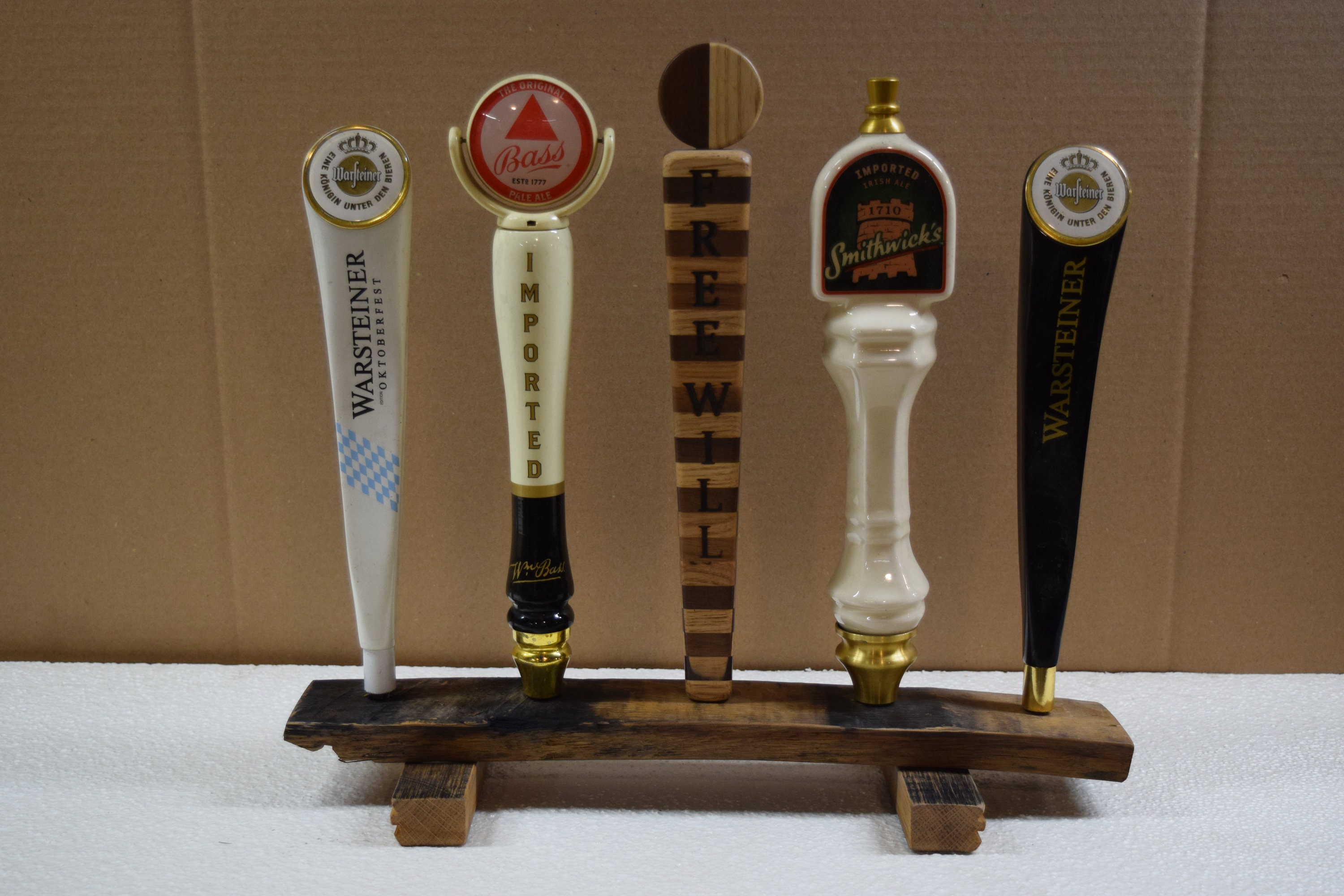 Oak whiskey barrel stave 5 beer tap handle display stand Etsy
