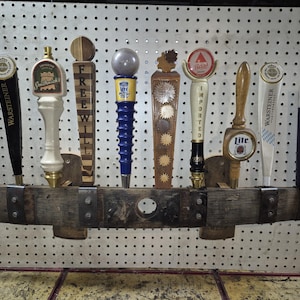 Oak whiskey barrel stave 10 beer tap handle wall display with hole and rivets  (handles not included)