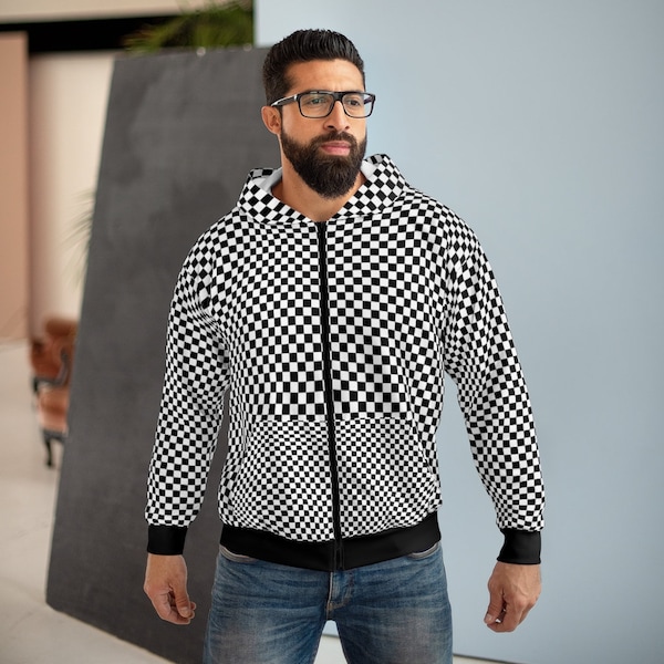 Checkered Half Zip Denim Hoodie Top