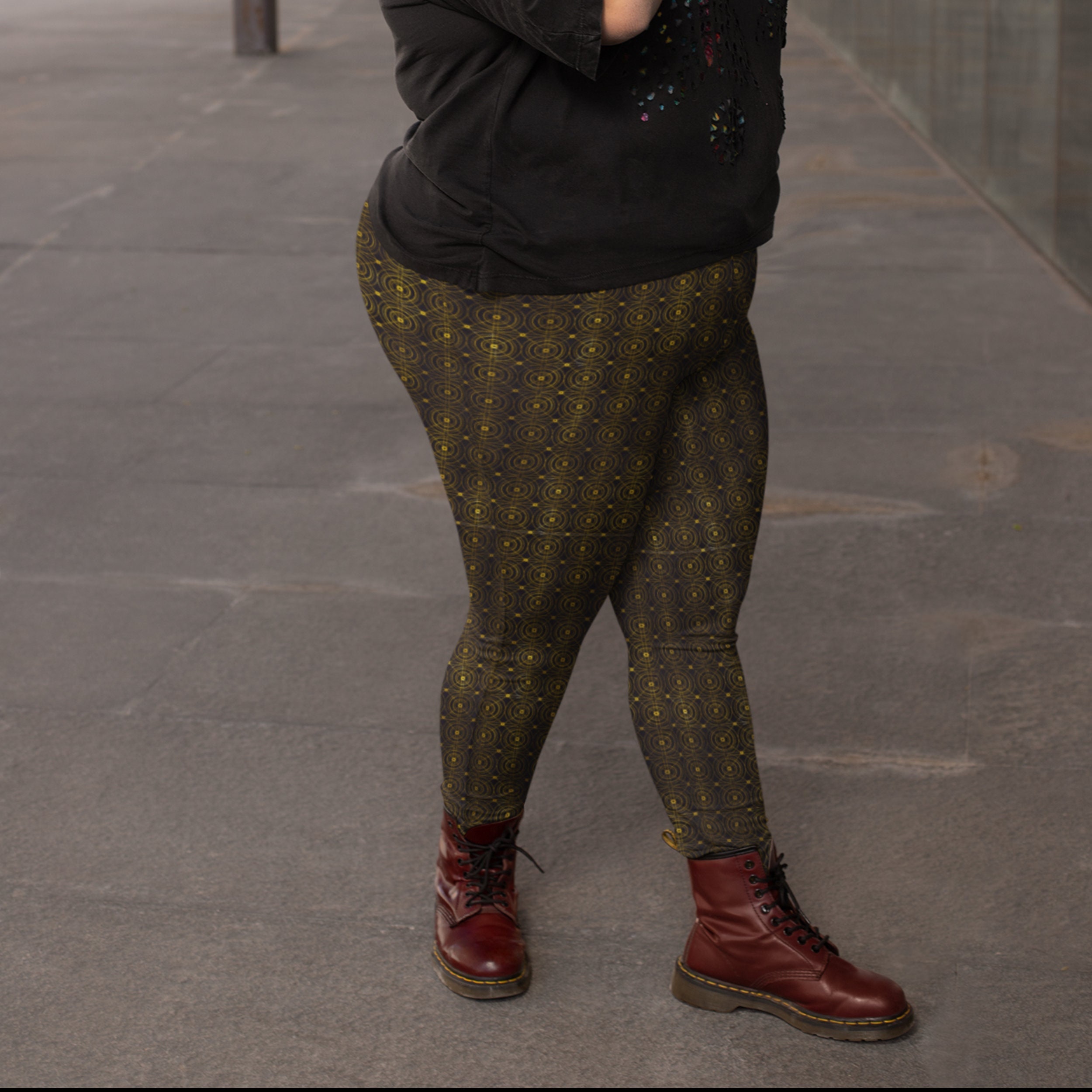 Gold Circles Black Leggings Women's Cut 