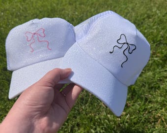 Glitter Embroidered Bow Cap - You choose bow color