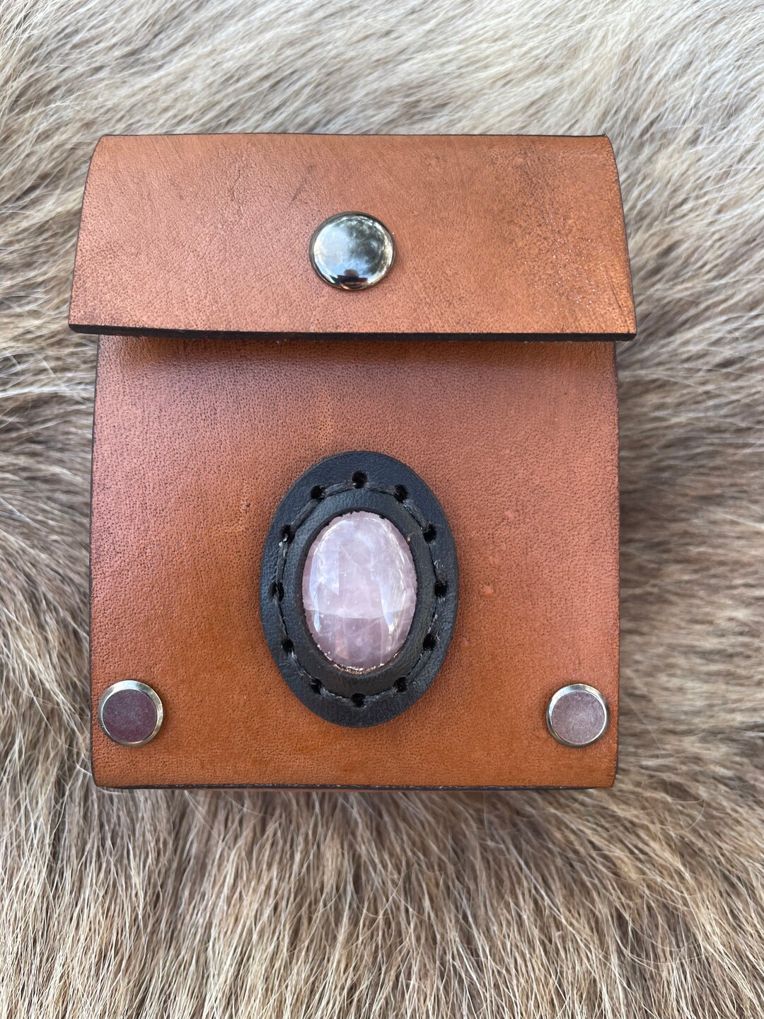 Deck Box Leather Deck Box With Real Crystal Stone Cabochon Rose Quartz