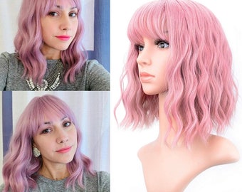 Rose pink wavy bob wig with bangs - Cosplay wigs - 12” Colorful curly wavy wigs for costumes -P