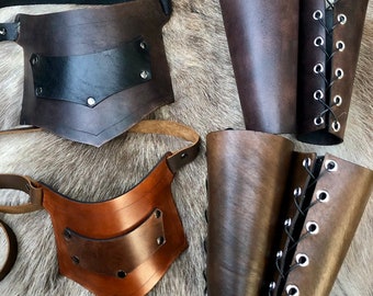 Leather Armor - Leather Shoulder Pauldrons and Bracer Cuffs - Affordable Leather Cosplay LARP SCA and Costume Armor -P