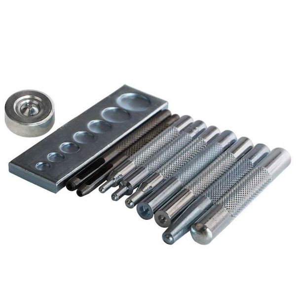 Eyelet, Grommet, Snap setting tools with universal base - 11pc set for punching holes and setting eyelets, grommets, rivets, and snaps