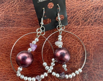 Dangle Hoop Style Amethyst and Bead Earrings