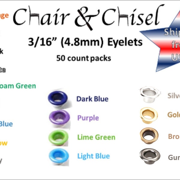 Colored Eyelets - 50ct 3/16" Eyelets - 5mm Eyelets for leather, clothing, bags, shoes, curtains, and embellishments