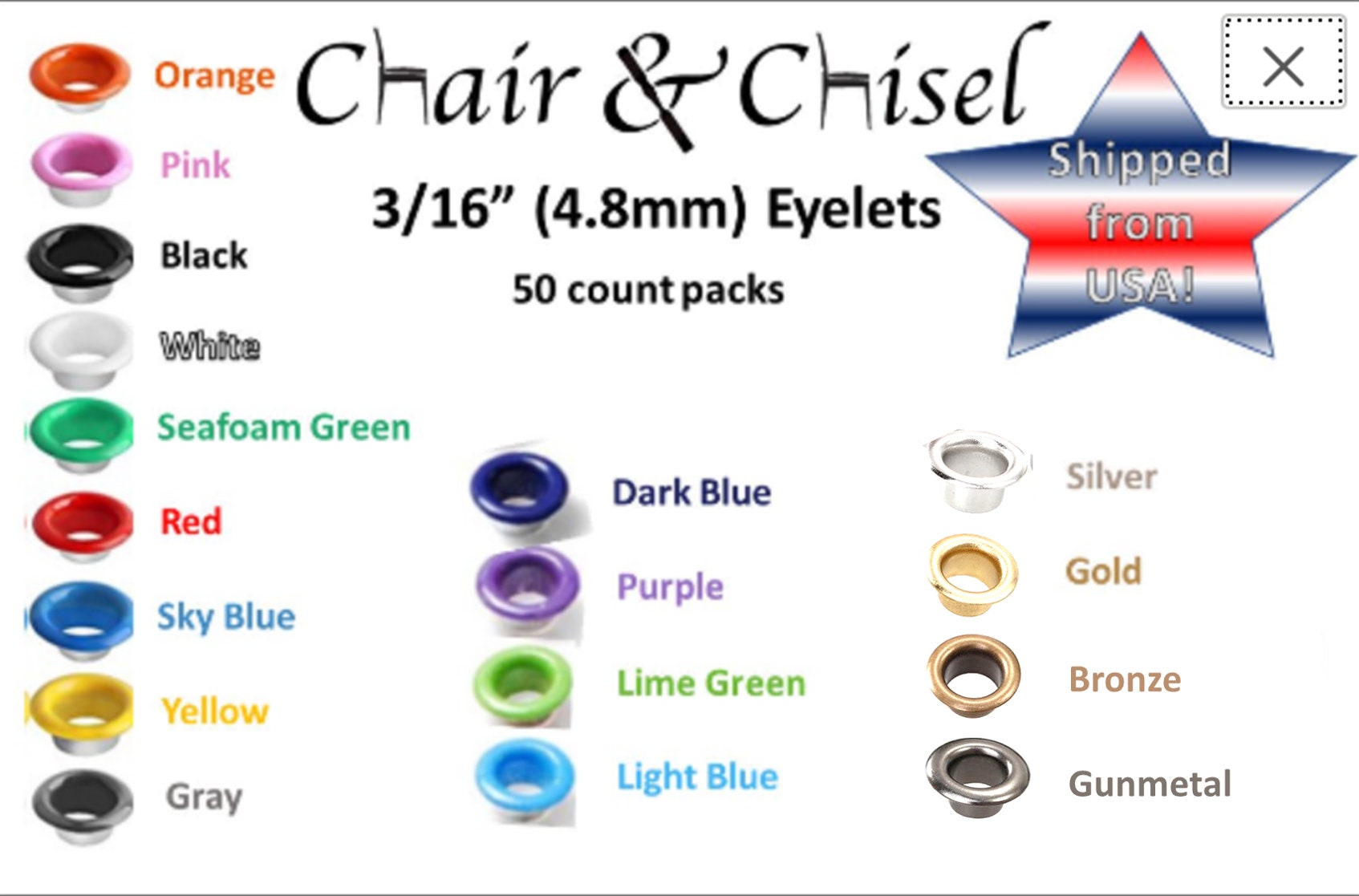 PTC 52968-R 100pc 3/16 Metal Eyelets Shoes Clothes Crafts-4 Colors