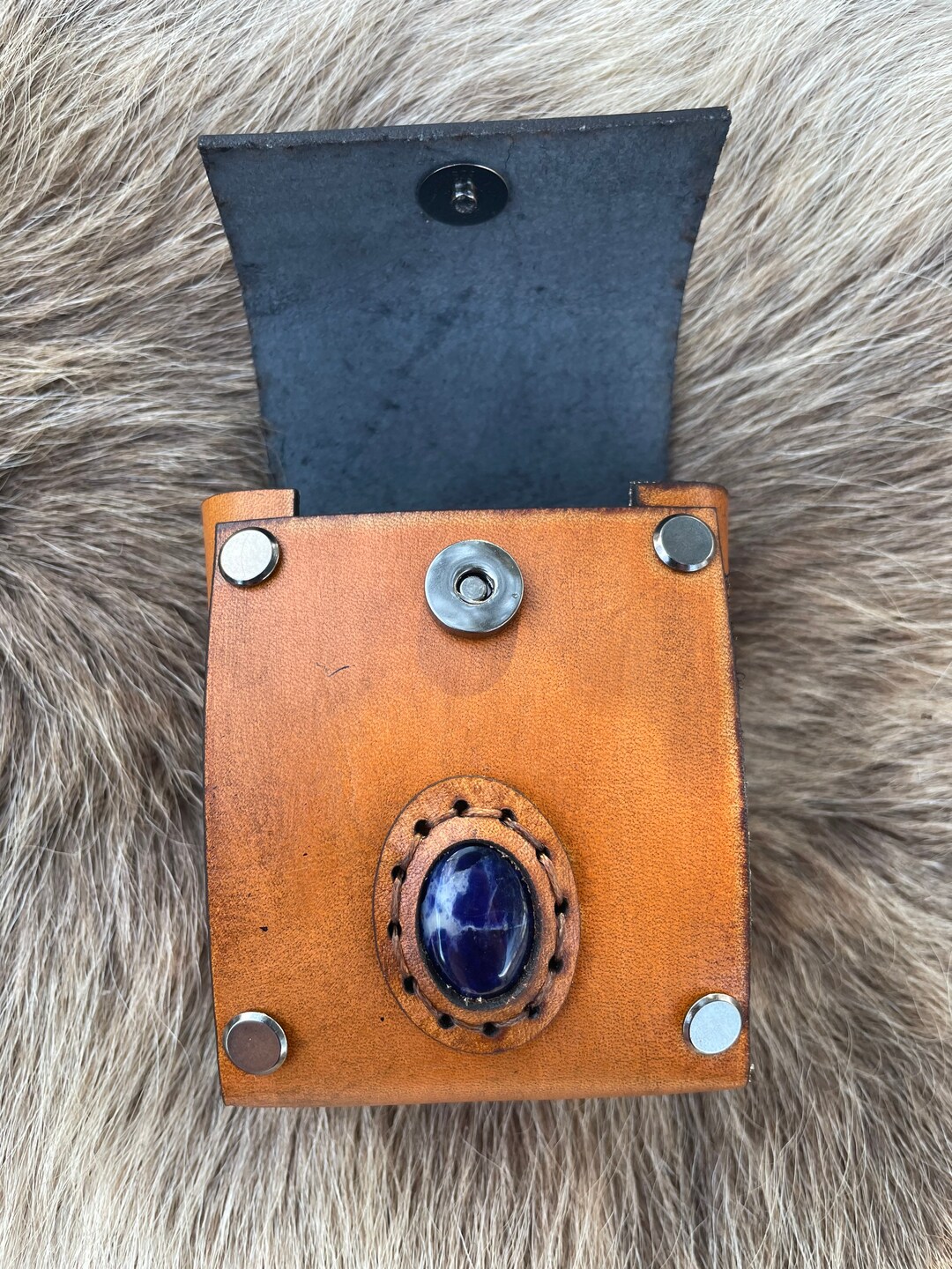 Deck Box Leather Deck Box With Real Crystal Stone Cabochon Sodalite