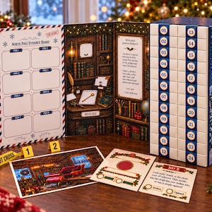 May include: A North Pole advent calendar with twenty-four numbered drawers, a fold-out evidence board, and a desk illustration. Includes a crime scene card, a Day 2 clue card, and yellow evidence markers labeled 1 and 2, all featuring festive holiday graphics.
