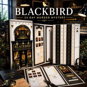May include: A Blackbird 24 Day Murder Mystery advent calendar set featuring a recording studio facade, a numbered drawer unit from 1 to 24, a Welcome to Blackbird booklet, a magnifying glass, a black mug, and various investigation documents.