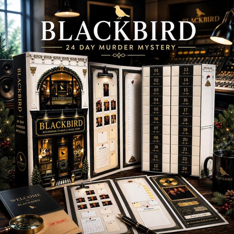 May include: A Blackbird 24 Day Murder Mystery advent calendar set featuring a recording studio facade, a numbered drawer unit from 1 to 24, a Welcome to Blackbird booklet, a magnifying glass, a black mug, and various investigation documents.