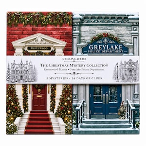 May include: A rectangular box set titled A Killing Affair The Christmas Mystery Collection featuring two mystery games, Ravenwood Manor and Greylake Police Department, with festive red brick and snowy stone building illustrations and 24 days of clues.