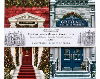 May include: A rectangular box set titled A Killing Affair The Christmas Mystery Collection featuring two mystery games, Ravenwood Manor and Greylake Police Department, with festive red brick and snowy stone building illustrations and 24 days of clues.