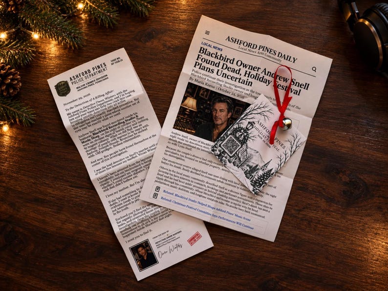 May include: A printed Ashford Pines Daily newspaper and a police department letter regarding a murder investigation, accompanied by a small square card featuring a black and white winter illustration, a red ribbon, and a silver bell attached to the top.