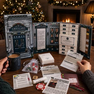 May include: A Greylake Police Department advent calendar set featuring a decorative box with numbered drawers, a mug, a small white box, a sheer bag with red and green beads, a floor plan, an aloe stick, a poker chip, and printed incident reports.