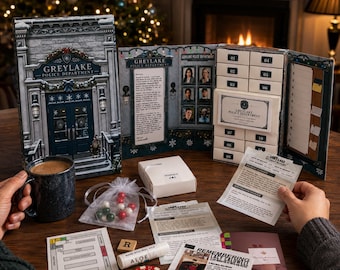 May include: A Greylake Police Department advent calendar set featuring a decorative box with numbered drawers, a mug, a small white box, a sheer bag with red and green beads, a floor plan, an aloe stick, a poker chip, and printed incident reports.