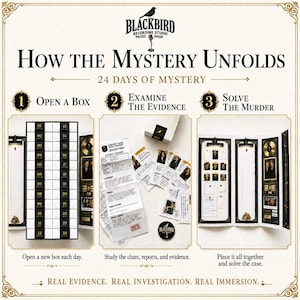 May include: A Blackbird Recording Studio Music Shop mystery game set titled How The Mystery Unfolds 24 Days Of Mystery. It includes a numbered 24-box grid, various paper evidence documents like autopsy reports, and a tri-fold display board for clues.