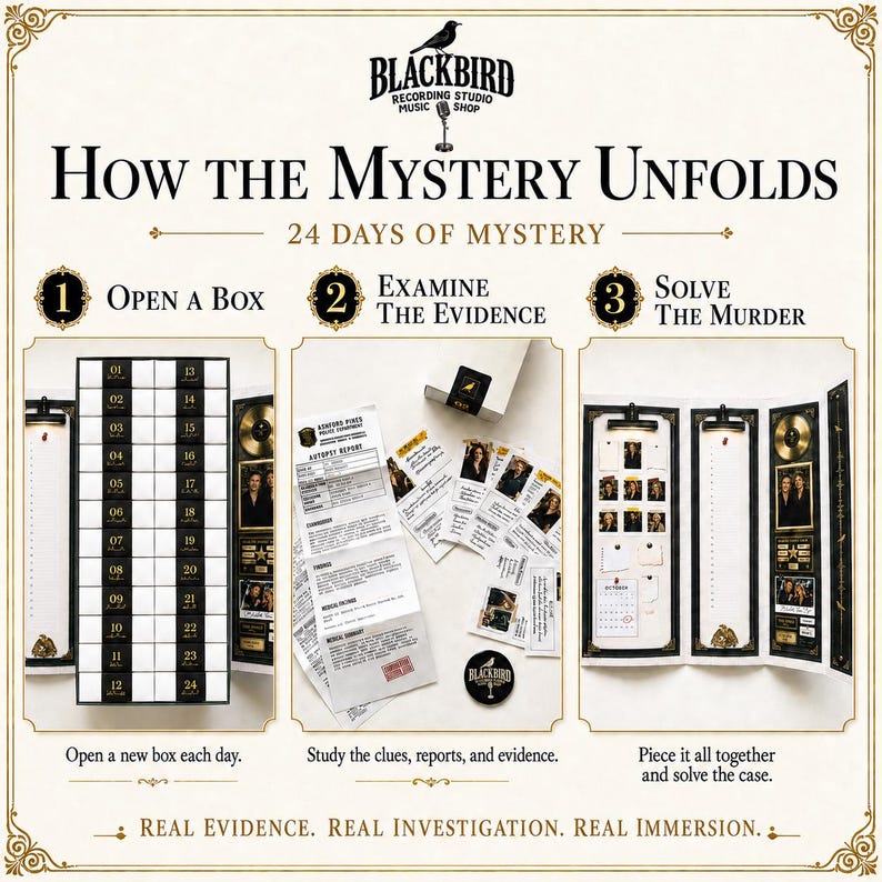May include: A Blackbird Recording Studio Music Shop mystery game set titled How The Mystery Unfolds 24 Days Of Mystery. It includes a numbered 24-box grid, various paper evidence documents like autopsy reports, and a tri-fold display board for clues.