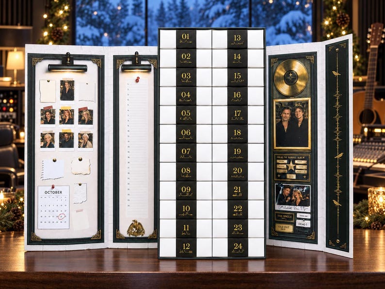 May include: A multi-panel advent calendar featuring a central grid of twenty-four numbered black and white drawers. The side panels display a photo collage, a numbered list, a gold record, a framed portrait, and decorative bird graphics.