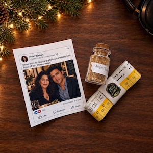 May include: A printed social media post featuring a photo of a couple, a small glass bottle filled with tan granules labeled Ashford Lake, and a yellow and white measuring tape showing imperial and metric units with a branded paper band.
