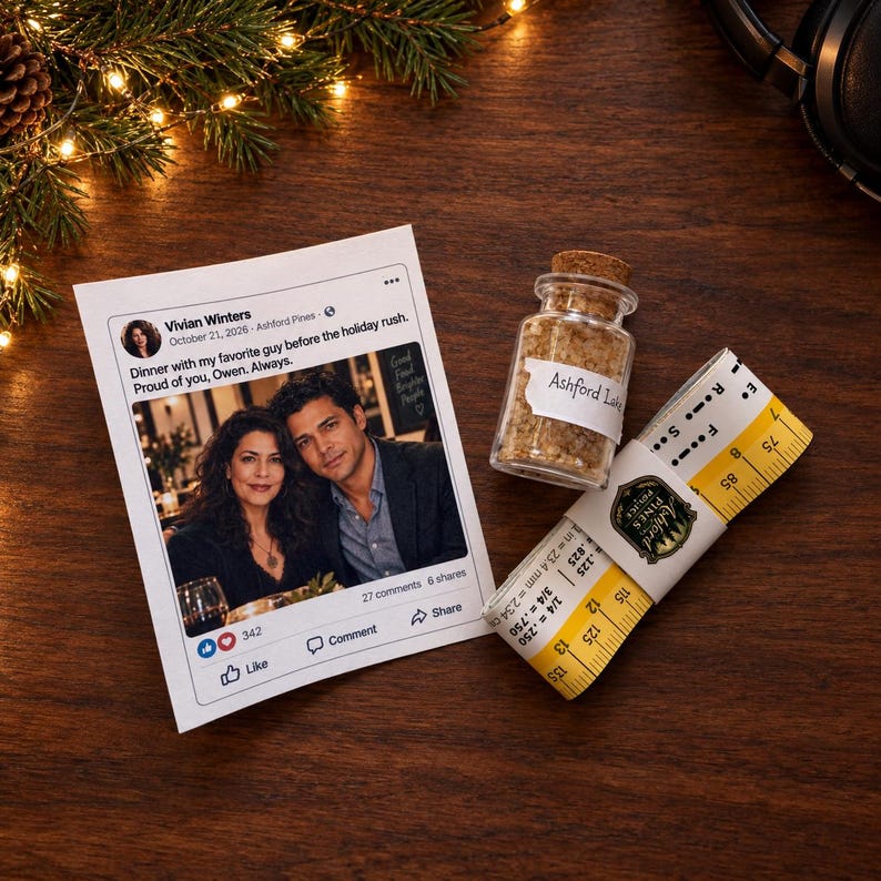 May include: A printed social media post featuring a photo of a couple, a small glass bottle filled with tan granules labeled Ashford Lake, and a yellow and white measuring tape showing imperial and metric units with a branded paper band.