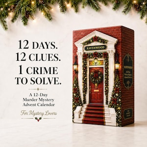 May include: A 12-day murder mystery advent calendar box featuring a red brick building facade with a red door, a wreath, and Christmas decorations. The text reads: 12 DAYS. 12 CLUES. 1 CRIME TO SOLVE. A 12-Day Murder Mystery Advent Calendar For Mystery Lovers.