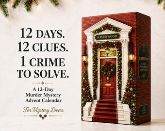 May include: A 12-day murder mystery advent calendar box featuring a red brick building facade with a red door, a wreath, and Christmas decorations. The text reads: 12 DAYS. 12 CLUES. 1 CRIME TO SOLVE. A 12-Day Murder Mystery Advent Calendar For Mystery Lovers.