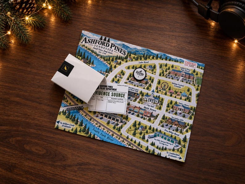 May include: A game board depicting the town of Ashford Pines, Tennessee, featuring illustrated roads, buildings, and a river. A white envelope labeled Evidence Source and a small circular token are placed on top of the map, which includes text labels.