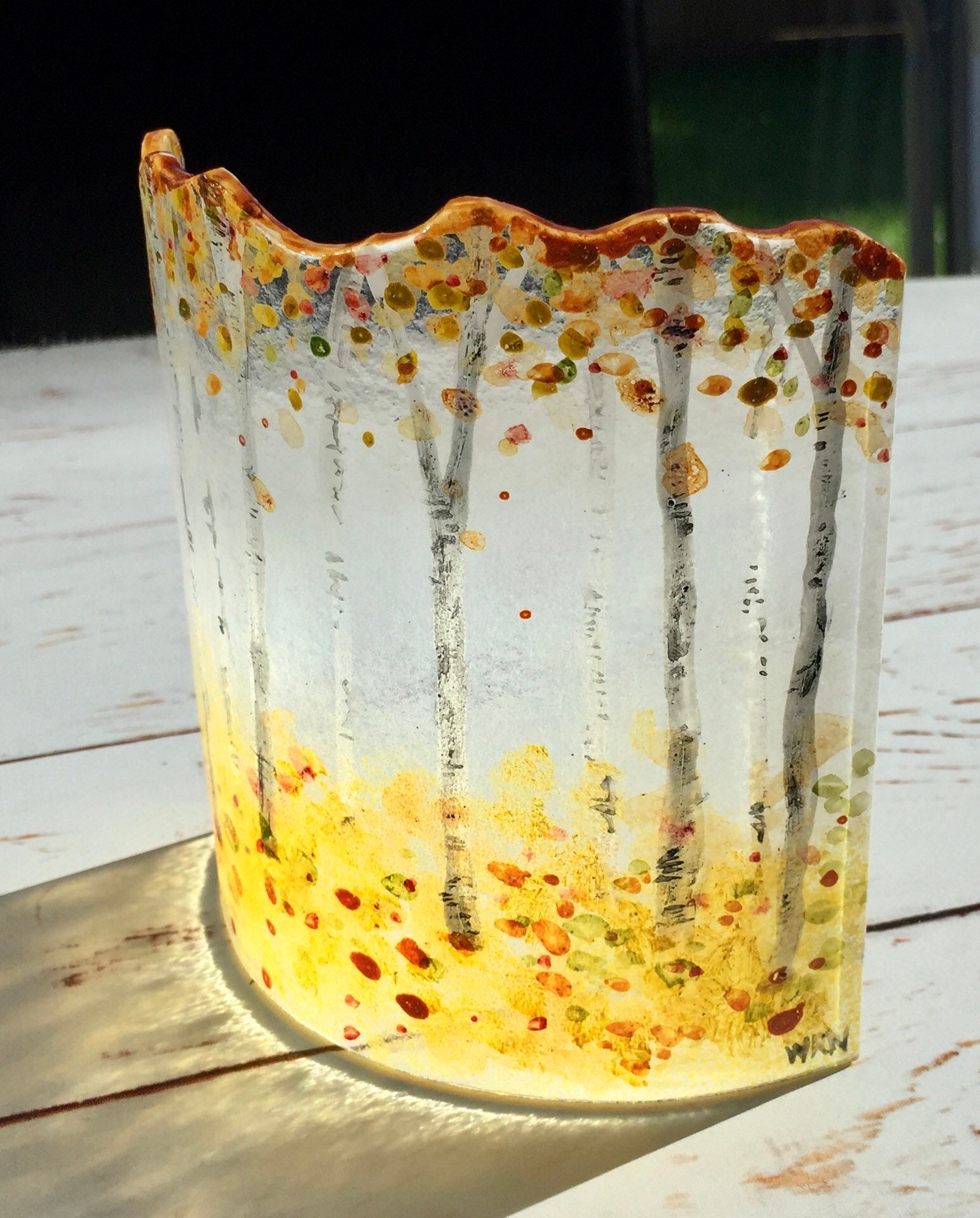 Fused Glass Curved Freestanding Handpainted Autumnal Silver Etsy UK