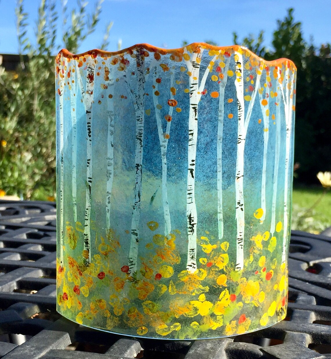 Fused Glass Curved Freestanding Handpainted Autumnal Silver Etsy UK