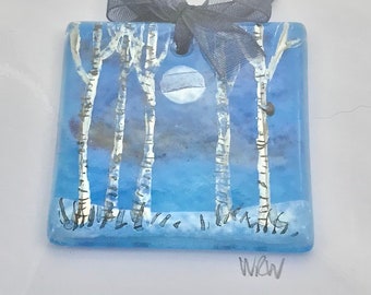 Greetings card with tiny fused glass decoration of hand-painted silver birches on a wintry moonlit background