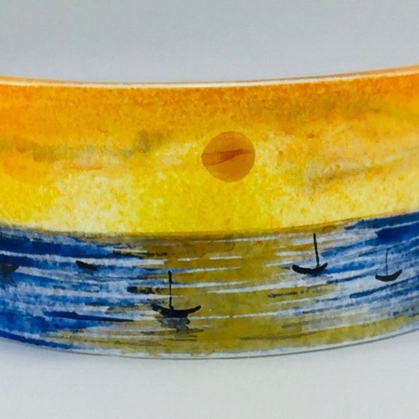 Hand-painted fused glass mini panel of sunset on sea with boats.