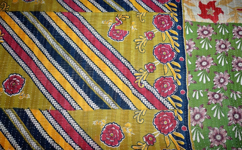 Twin Sari Reversible Kantha Quilt Vintage Sari Kantha Throw 705